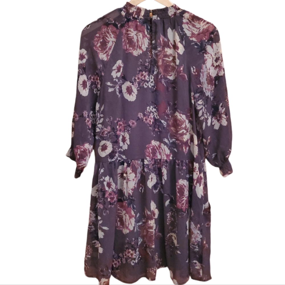 STONEY M GREY & PURPLE FLORAL SMOCKED COLLAR BABYDOLL LOW WAISTED MIDI DRESS